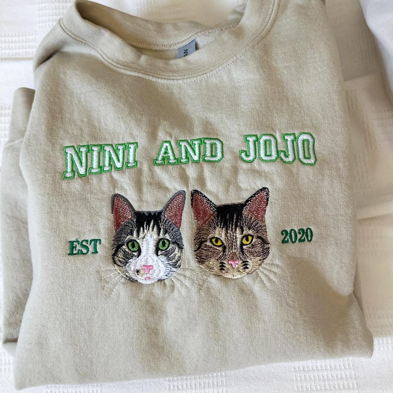 Personalized Cat Sweatshirt for Humans Using Photo Portrait, Custom Embroidered Sweatshirt with Cat Name, Est Year Sweatshirt, Cat Gift Idea