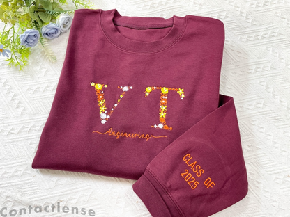 Custom College Floral Letter Embroidered Hoodie Sweatshirt, Personalized University Greek Letter Sweatshirt