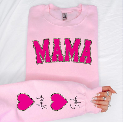 Custom Mama Sweatshirt with Kid Name on Sleeve, Personalized Leopard Mama Hoodie, Mother's Day Gift, Birthday Gift for Mom, New Mom Gift