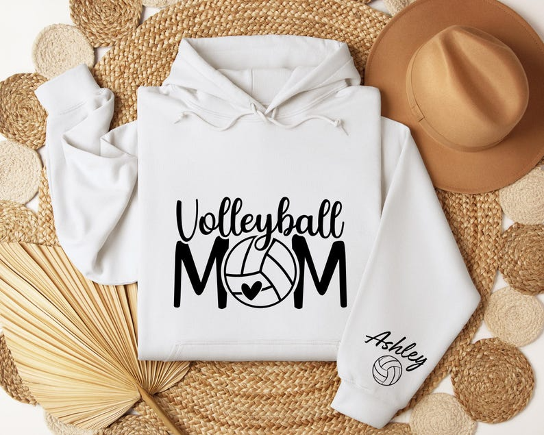 Custom Volleyball Mom Sweatshirt, for Mom Volleyball Shirt, Mothers Day Shirt with Kid Name on Sleeve, Volleyball Mom Hoodie Gift for Mom