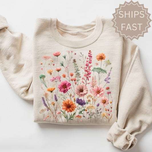 Vintage Pressed Flowers Sweatshirt, Boho Cottagecore Crewneck, Pastel Botanical Floral Pullover