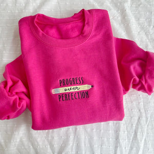 Progress Over Perfection Embroidered Gemma Crewneck Sweatshirt | Cozy Teacher Crewneck | Teacher Gift | Teach Sweatshirt