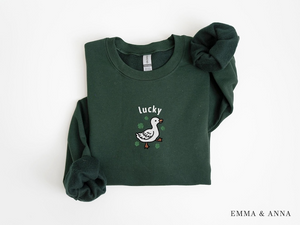 Embroidered St Patricks Day Sweatshirt, Embroidered Lucky Duck Sweatshirt, Lucky Sweater, Irish Shirt, Shamrock Sweatshirt, Duck Lover Gift