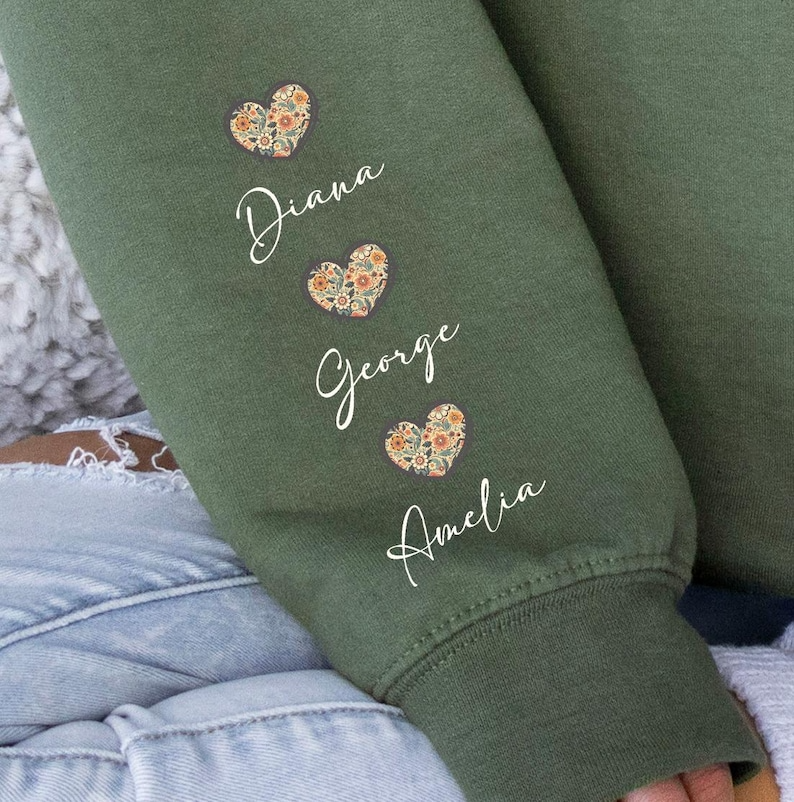 Custom This Grandma Wears Her Heart On Her Sleeve Sweatshirt, Shirt with Names On Sleeve, Mommy Heart Hoodie