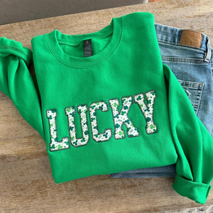 Lucky Sweatshirt, St Patty's Embroidered Sweatshirt, Shamrock Sweatshirt, Irish Four Leaf Clover Crewneck, St Patrick's Day Sweatshirt