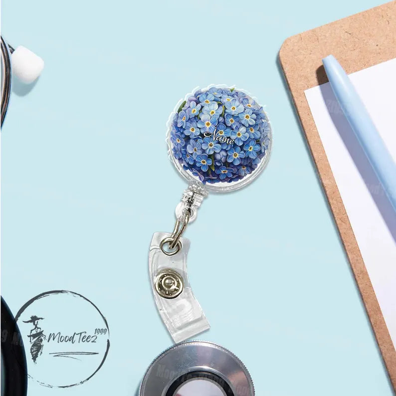 Custom Forget Me Not Flower Badge Reel, Retractable ID Holder, Floral Nurse Badge Holder, Unique Medical Badge Reel