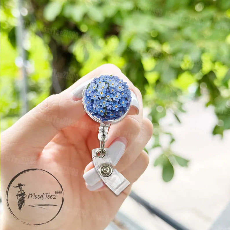 Custom Forget Me Not Flower Badge Reel, Retractable ID Holder, Floral Nurse Badge Holder, Unique Medical Badge Reel