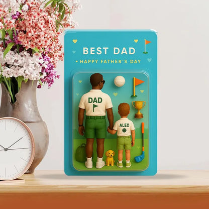 Custom Father & Kid Golf Figurine with Trophy and Pet – Unique Golf Dad Acrylic Gift Block – Father’s Day Keepsake from Son