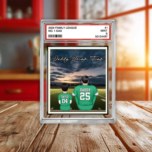 American Football Daddy's Dream Team No. 1 Dad Man & Kids Sitting Trading Card Style Personalized Acrylic Block Plaque, Gift for Dad,Husband