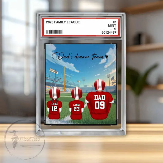 American Football Daddy's Dream Team No. 1 Dad Man & Kids Sitting Trading Card Style Personalized Acrylic Block Plaque, Gift for Dad,Husband