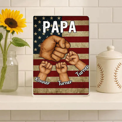 Papa Acrylic Block Gift – Personalized Fist Bump with Kids Display, American Flag Background, Custom Father’s Day or Grandpa Keepsake