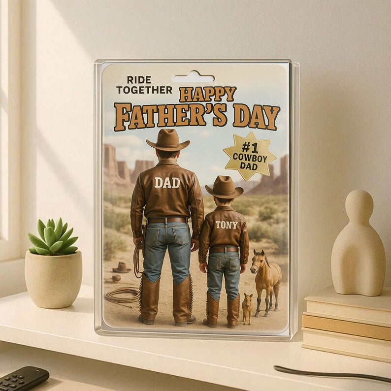 Personalized Father’s Day Gift – Cowboy Dad Acrylic Block with Western Outfit and Horses – Custom Keepsake for Country-Loving Father and Son