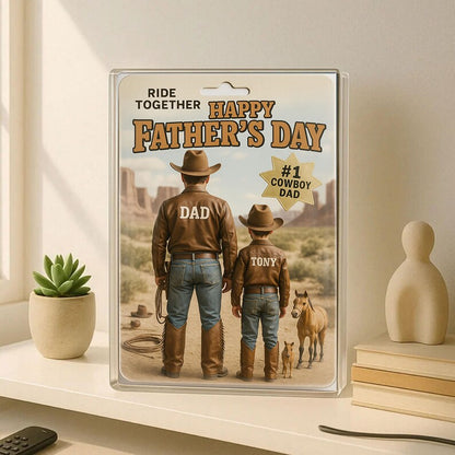 Personalized Father’s Day Gift – Cowboy Dad Acrylic Block with Western Outfit and Horses – Custom Keepsake for Country-Loving Father and Son