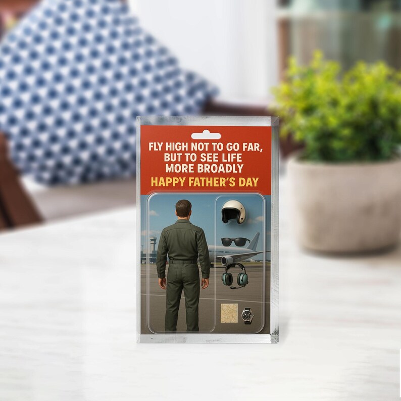 Personalized Pilot Dad Acrylic Block – Father’s Day Gift for Aviator | Custom Flight Suit Display with Helmet, Map & Airport-Themed Keepsake