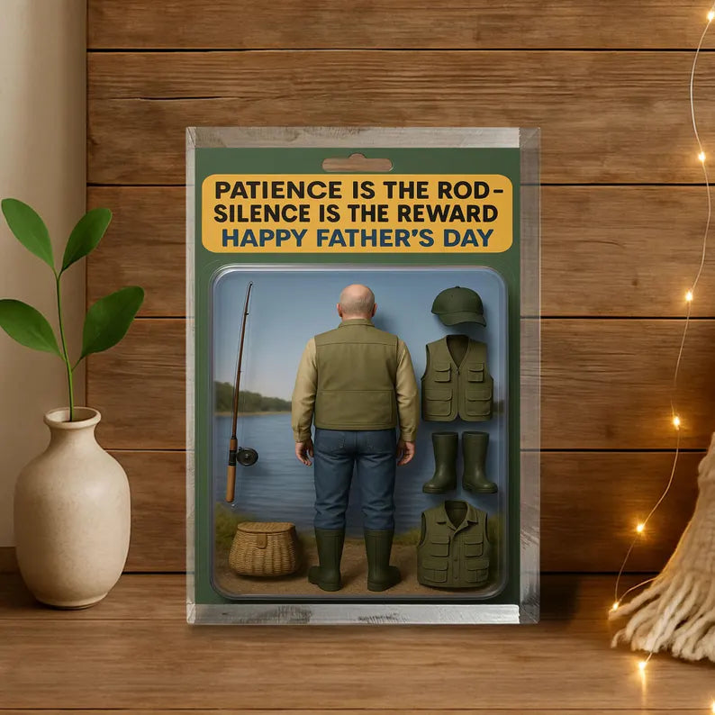 Personalized Fishing Dad Acrylic Block– Father’s Day Gift for Outdoor Lover | Custom Rod, Vest & Lake Display Keepsake for Patient Fisherman
