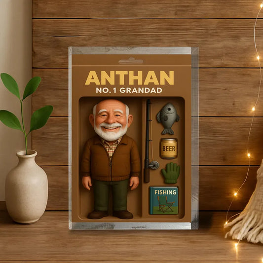 Personalized No.1 Grandad Acrylic Block – Cute Fisherman Figurine with Rod, Fish & Beer – Fishing Gift for Grandpa, Father’s Day Keepsake