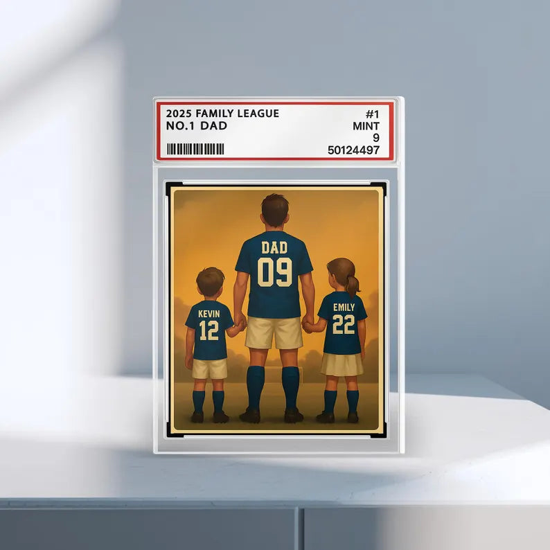 Personalized Soccer Dad Gift – Father's Day Acrylic Block, Custom Trading Card Style with Kids' Names and Jersey Numbers, #1 Dad Keepsake