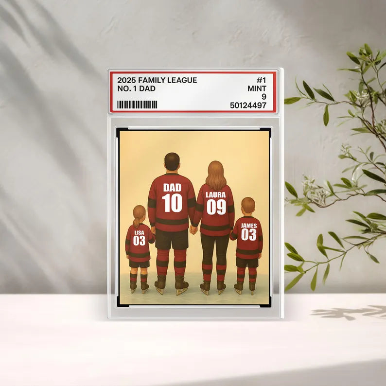 Hockey Dad Gift – Personalized Father's Day Acrylic Block, Custom Trading Card with Family Jersey Names and Numbers, Team Dad Keepsake