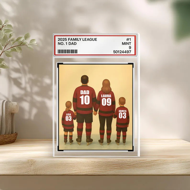 Hockey Dad Gift – Personalized Father's Day Acrylic Block, Custom Trading Card with Family Jersey Names and Numbers, Team Dad Keepsake