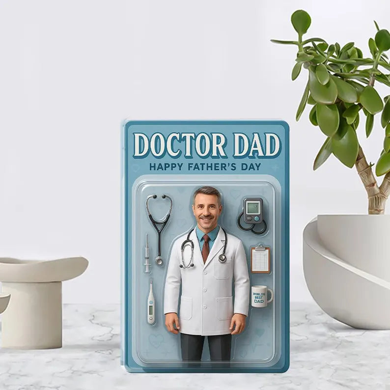 Personalized Doctor Dad Acrylic Block – Father's Day Gift for Medical Dad – Unique Display Plaque with Stethoscope, Mug & Tools