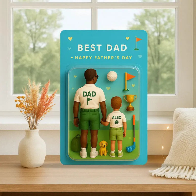 Custom Father & Kid Golf Figurine with Trophy and Pet – Unique Golf Dad Acrylic Gift Block – Father’s Day Keepsake from Son
