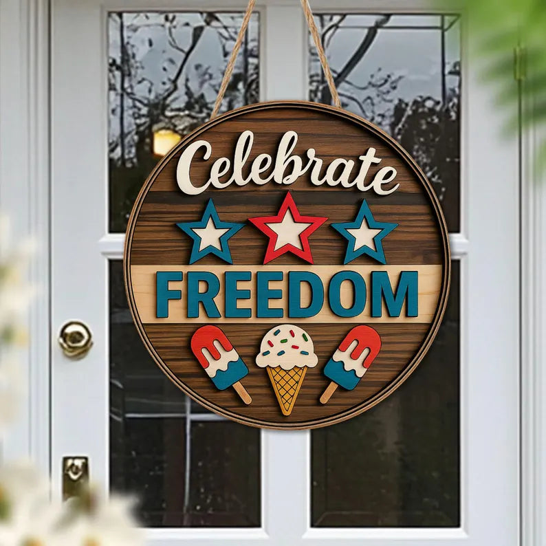 Celebrate Freedom Door Hanger, Patriotic Summer Ice Cream Sign, 4th of July Red White Blue Round Wooden Porch Decor