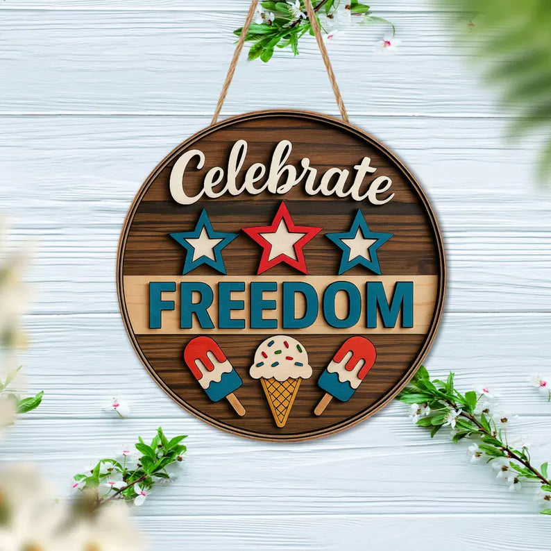 Celebrate Freedom Door Hanger, Patriotic Summer Ice Cream Sign, 4th of July Red White Blue Round Wooden Porch Decor