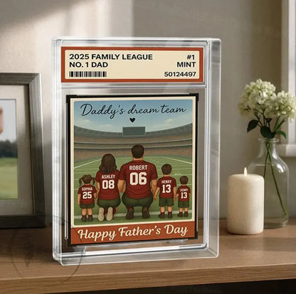 American Football Daddy's Dream Team No. 1 Dad Man & Kids Sitting Trading Card Style Personalized Acrylic Block Plaque, Gift for Dad,Husband