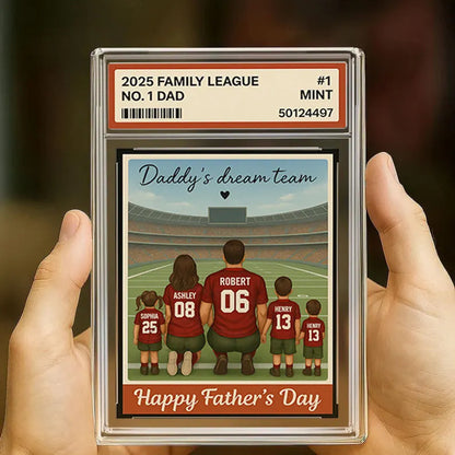 American Football Daddy's Dream Team No. 1 Dad Man & Kids Sitting Trading Card Style Personalized Acrylic Block Plaque, Gift for Dad,Husband