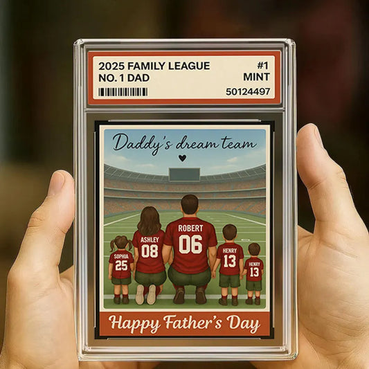 American Football Daddy's Dream Team No. 1 Dad Man & Kids Sitting Trading Card Style Personalized Acrylic Block Plaque, Gift for Dad,Husband