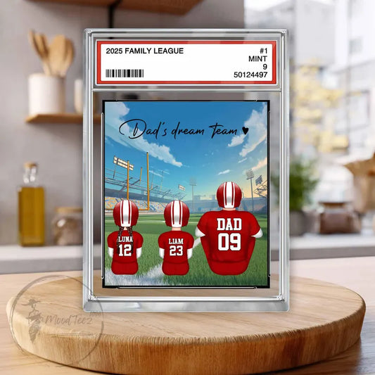 American Football Daddy's Dream Team No. 1 Dad Man & Kids Sitting Trading Card Style Personalized Acrylic Block Plaque, Gift for Dad,Husband