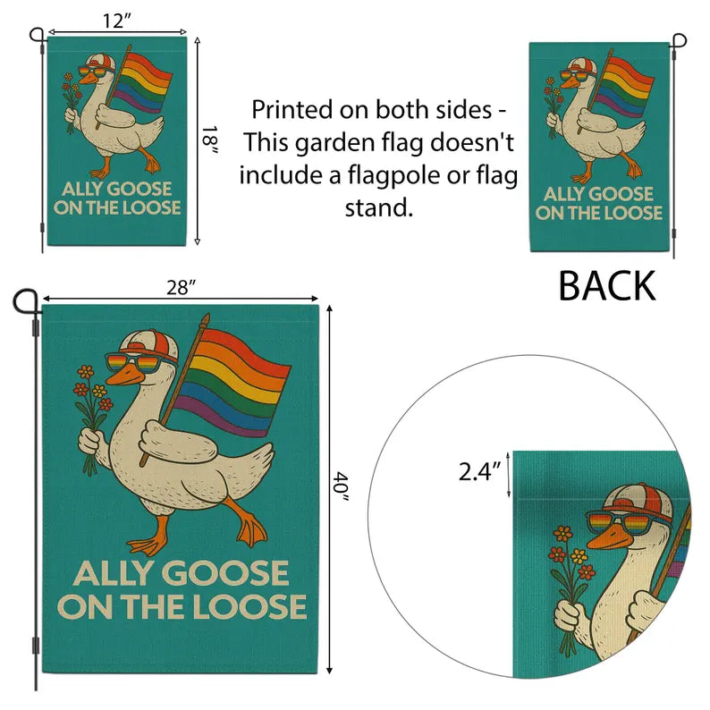Ally Goose On The Loose Garden Flag, Funny LGBTQ Pride Yard Decor, Rainbow Duck Outdoor Sign, Queer Ally Inclusive Lawn Banner