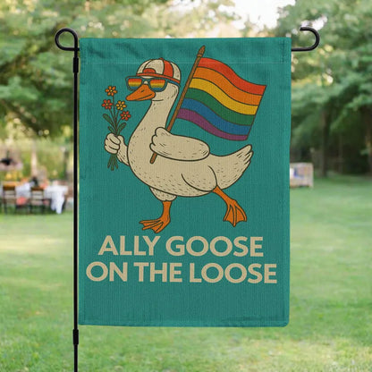 Ally Goose On The Loose Garden Flag, Funny LGBTQ Pride Yard Decor, Rainbow Duck Outdoor Sign, Queer Ally Inclusive Lawn Banner