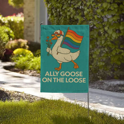 Ally Goose On The Loose Garden Flag, Funny LGBTQ Pride Yard Decor, Rainbow Duck Outdoor Sign, Queer Ally Inclusive Lawn Banner