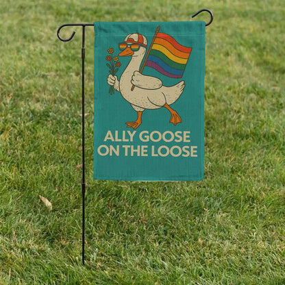 Ally Goose On The Loose Garden Flag, Funny LGBTQ Pride Yard Decor, Rainbow Duck Outdoor Sign, Queer Ally Inclusive Lawn Banner