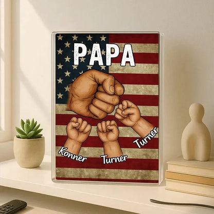 Papa Acrylic Block Gift – Personalized Fist Bump with Kids Display, American Flag Background, Custom Father’s Day or Grandpa Keepsake