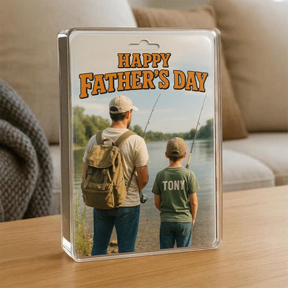 Personalized Father’s Day Gift – Fishing Acrylic Block with Dad and Son by the Lake – Custom Keepsake for Outdoorsman and Nature-Loving Dads