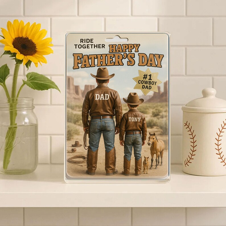 Personalized Father’s Day Gift – Cowboy Dad Acrylic Block with Western Outfit and Horses – Custom Keepsake for Country-Loving Father and Son