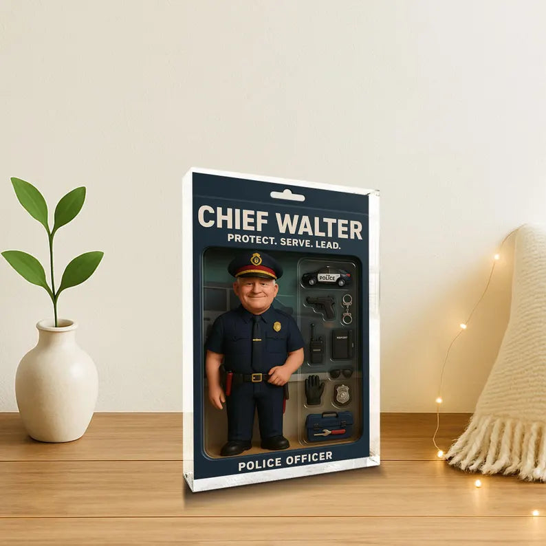 Personalized Chief Walter Police Officer Acrylic Block – Protect, Serve, Lead – Miniature Figure & Accessories Collectible Gift