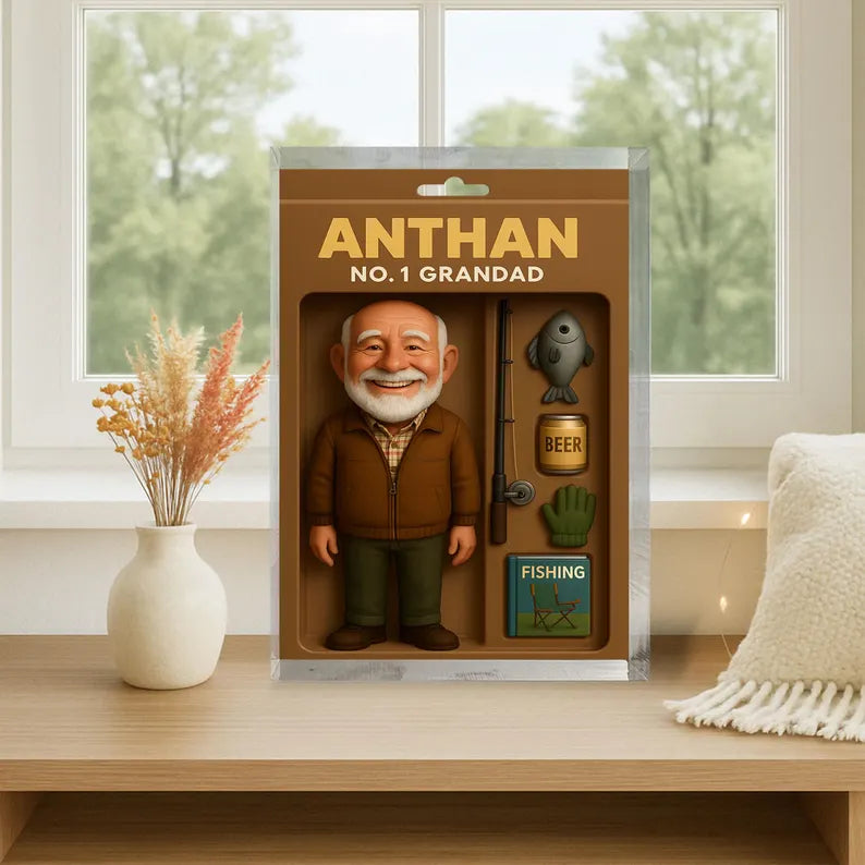 Personalized No.1 Grandad Acrylic Block – Cute Fisherman Figurine with Rod, Fish & Beer – Fishing Gift for Grandpa, Father’s Day Keepsake