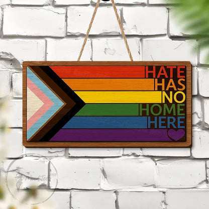 LGBTQ+ Pride Door Sign “Hate Has No Home Here”, Progress Rainbow Flag Hanging Sign, Inclusive Front Porch Decor or Equality Gift Idea