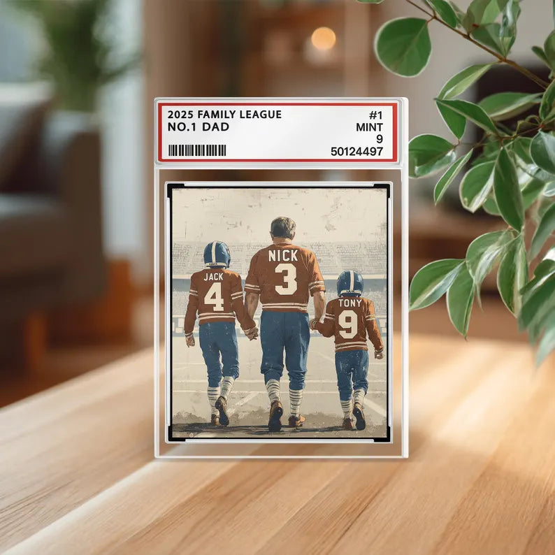 Custom Football Dad Gift – Personalized Father's Day Acrylic Block, Trading Card Style Keepsake with Kids' Names and Jersey Numbers