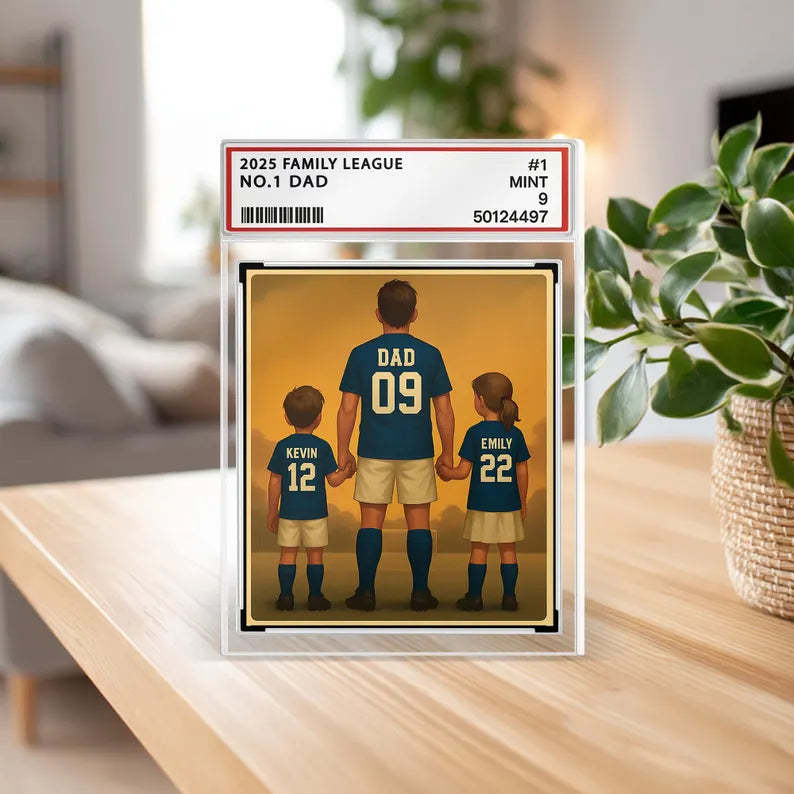 Personalized Soccer Dad Gift – Father's Day Acrylic Block, Custom Trading Card Style with Kids' Names and Jersey Numbers, #1 Dad Keepsake