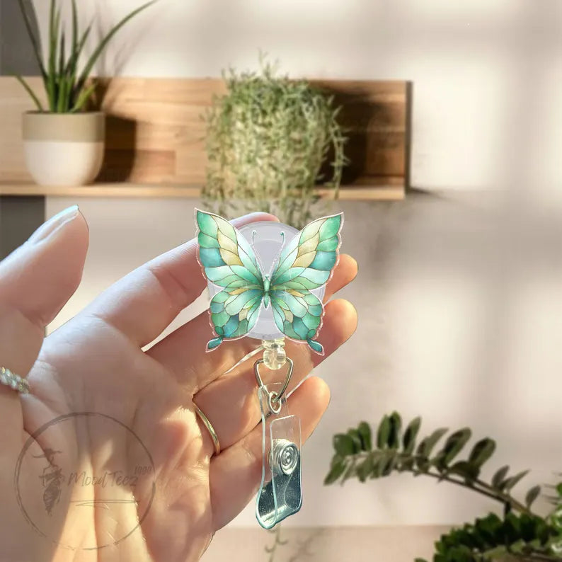 Butterfly Badge Reel, Mint Green ID Holder, Pastel Retractable Name Tag Clip, Cute Nurse Gift, Nature Badge for Teachers, Staff