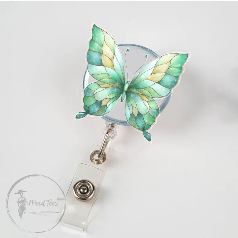 Butterfly Badge Reel, Mint Green ID Holder, Pastel Retractable Name Tag Clip, Cute Nurse Gift, Nature Badge for Teachers, Staff