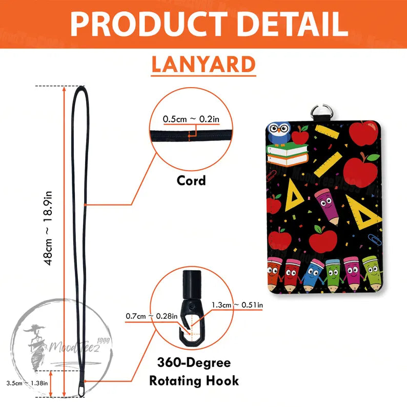 Teacher Badge Holder with Cute School Supplies, PU Leather ID Holder, Back to School Gift, Lanyard Optional, Fun Print
