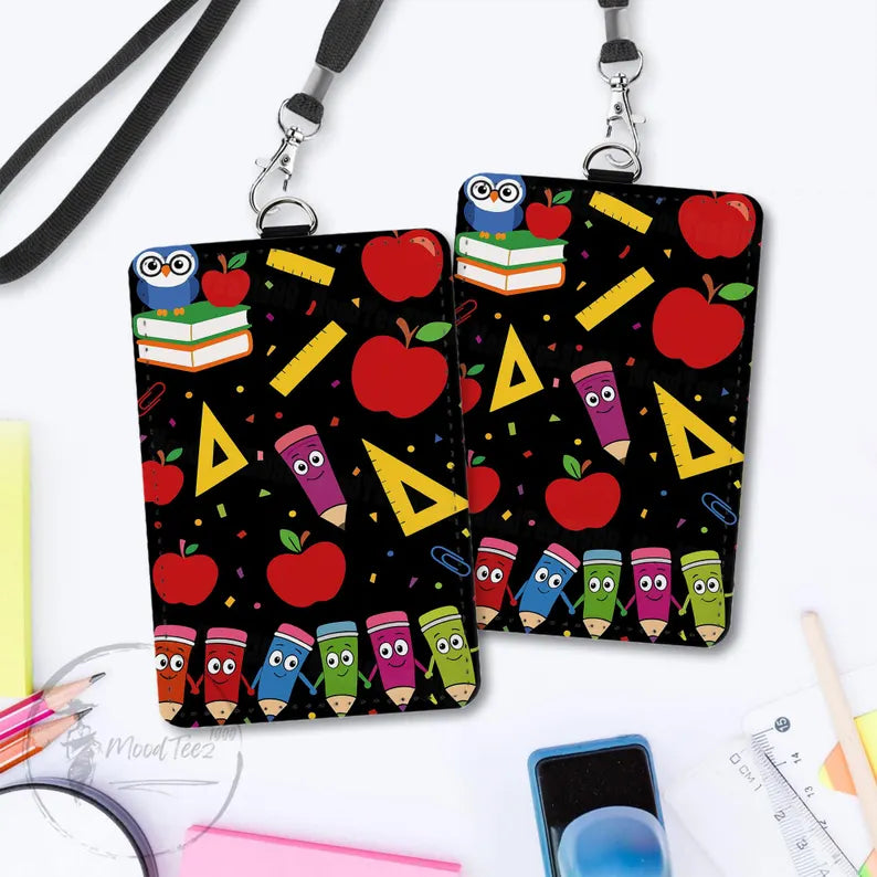 Teacher Badge Holder with Cute School Supplies, PU Leather ID Holder, Back to School Gift, Lanyard Optional, Fun Print