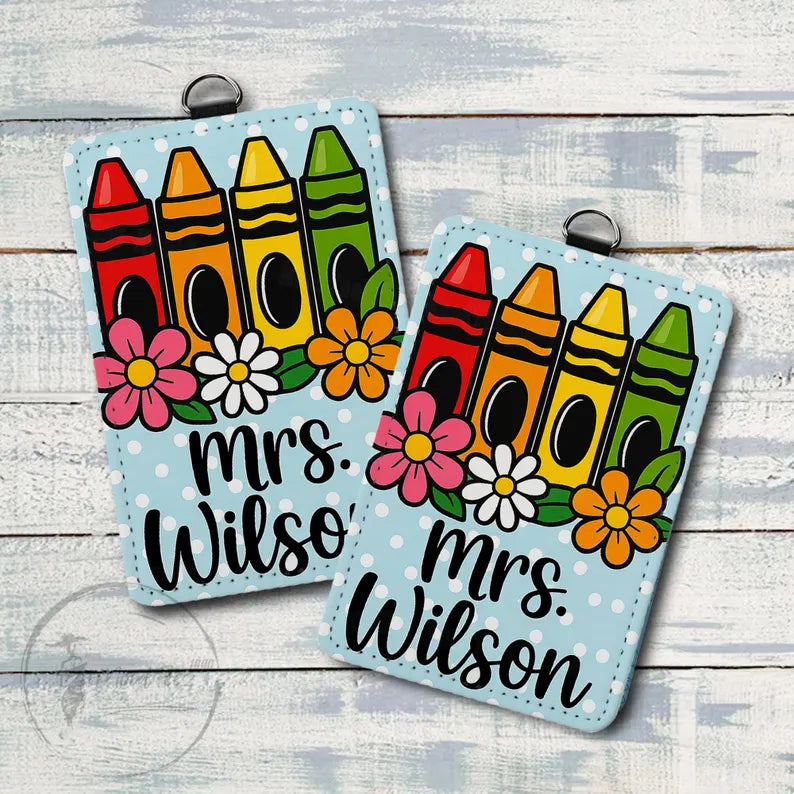 Personalized Crayon Teacher Badge Holder, Custom Name ID Holder with Flowers, Cute PU Leather Lanyard, Back to School Gift for Educators