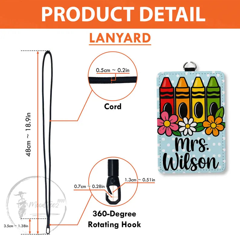 Personalized Crayon Teacher Badge Holder, Custom Name ID Holder with Flowers, Cute PU Leather Lanyard, Back to School Gift for Educators