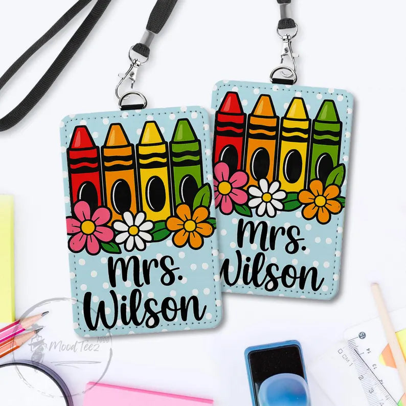 Personalized Crayon Teacher Badge Holder, Custom Name ID Holder with Flowers, Cute PU Leather Lanyard, Back to School Gift for Educators